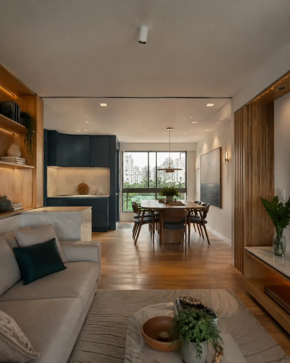 Sala e jantar integrados em apartamento contemporâneo