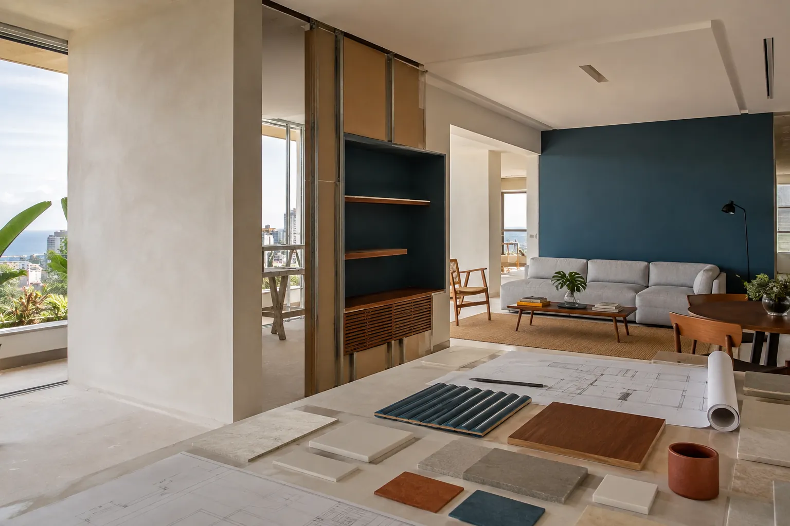 Ambiente residencial contemporâneo com materiais e planta de reforma sobre uma bancada